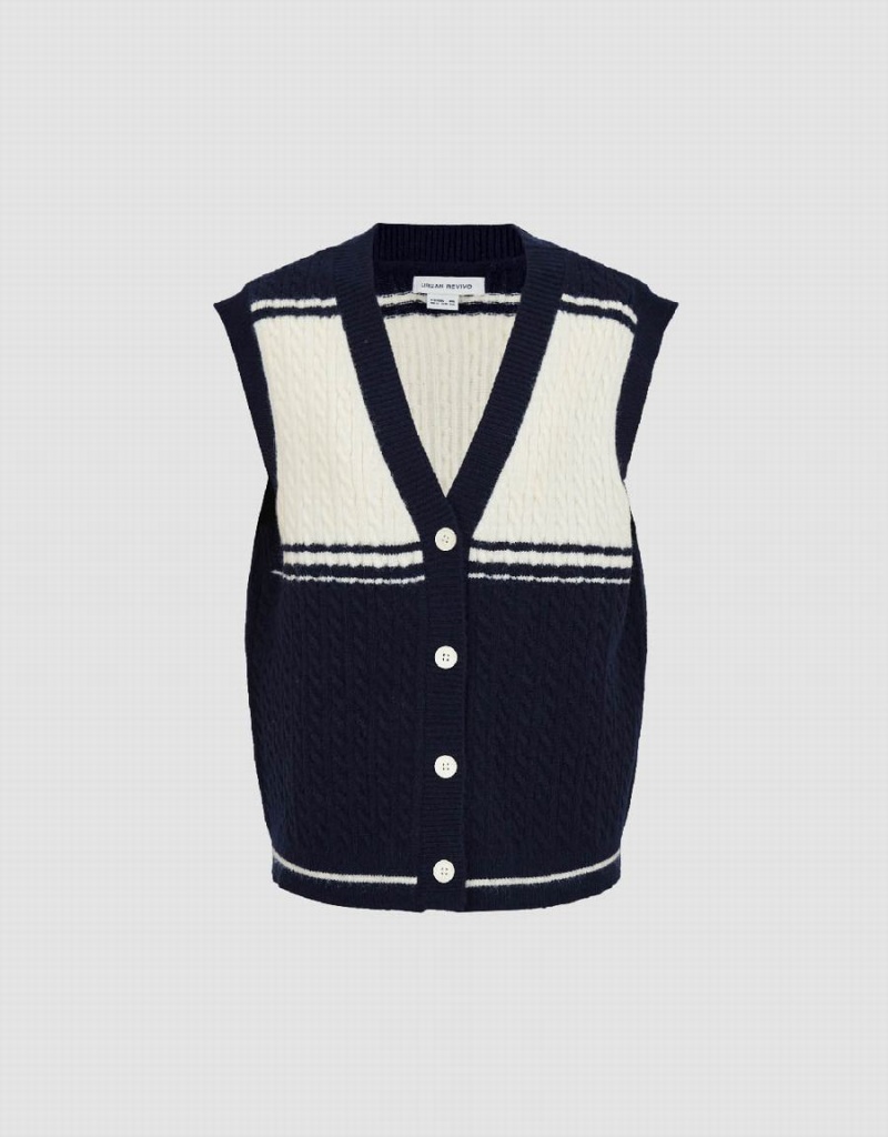 Blue Women's Urban Revivo Two Toned Knitted V-Neck Waistcoat Coats | YUG4686AQ