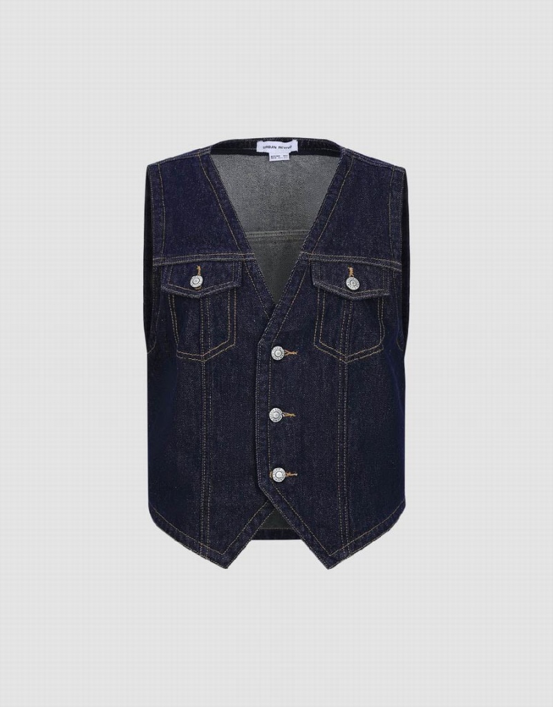 Blue Women's Urban Revivo V-Neck Denim Waistcoat Shirts | WSQ1157SJ