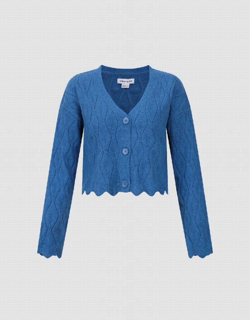 Blue Women's Urban Revivo Wave Trim V-Neck Knitted Cardigan | BNR8185QU