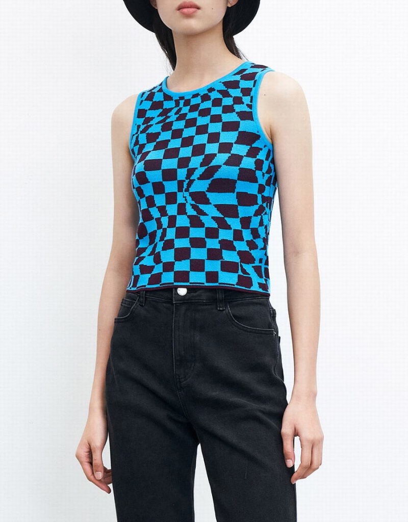 Blue Women's Urban Revivo Wavy Checkered Knitted Tank Top | ORL9088RI