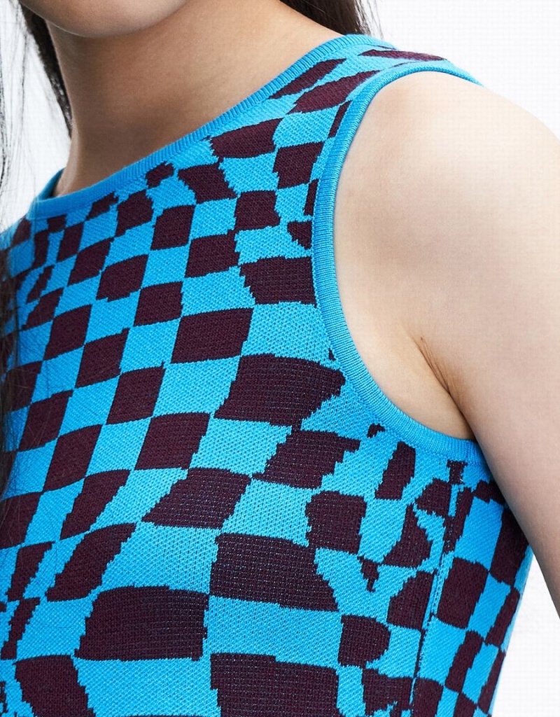 Blue Women's Urban Revivo Wavy Checkered Knitted Tank Top | ORL9088RI