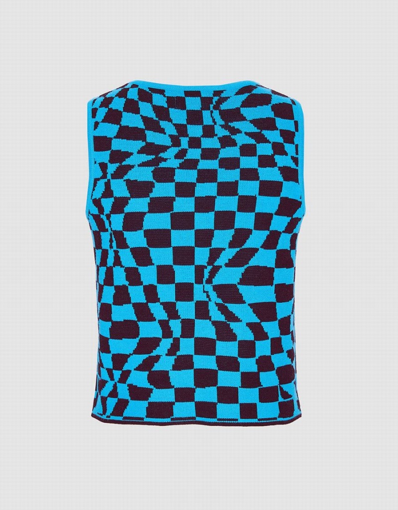 Blue Women's Urban Revivo Wavy Checkered Knitted Tank Top | ORL9088RI