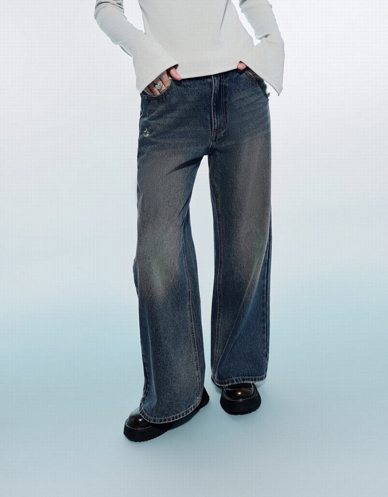 Blue Women's Urban Revivo Wide-Leg Jeans | REB1337MS