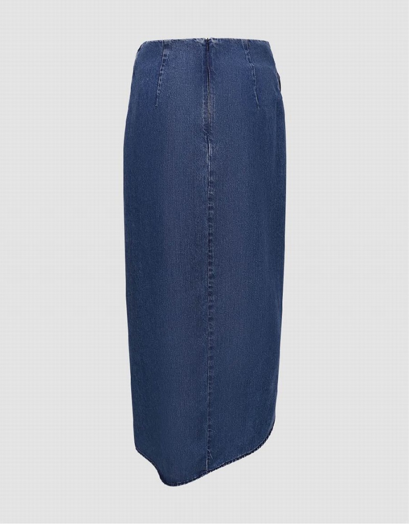 Blue Women's Urban Revivo Wrapped Straight Midi Denim Skirts | EHR9941ED