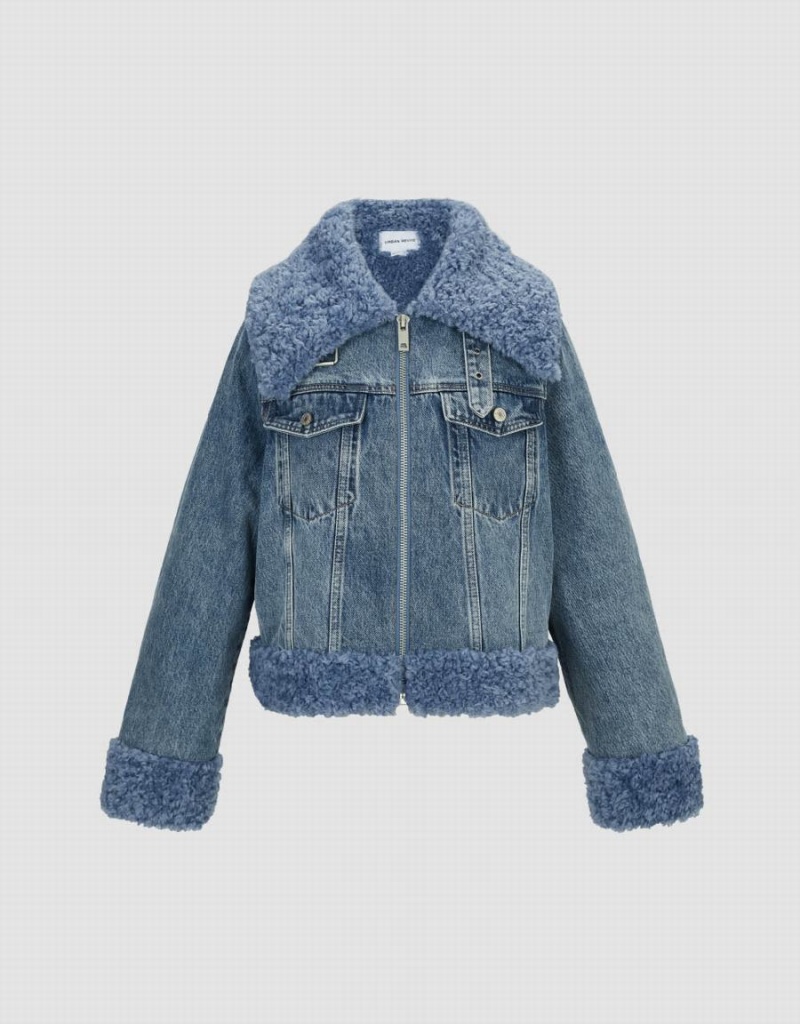 Blue Women's Urban Revivo Zipper Front Furry Denim Jackets | UGS9972JM