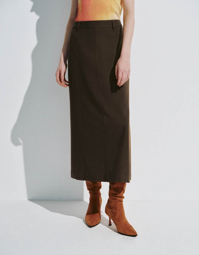 Brown Grey Women's Urban Revivo Midi Straight Skirts | DRB9678JQ