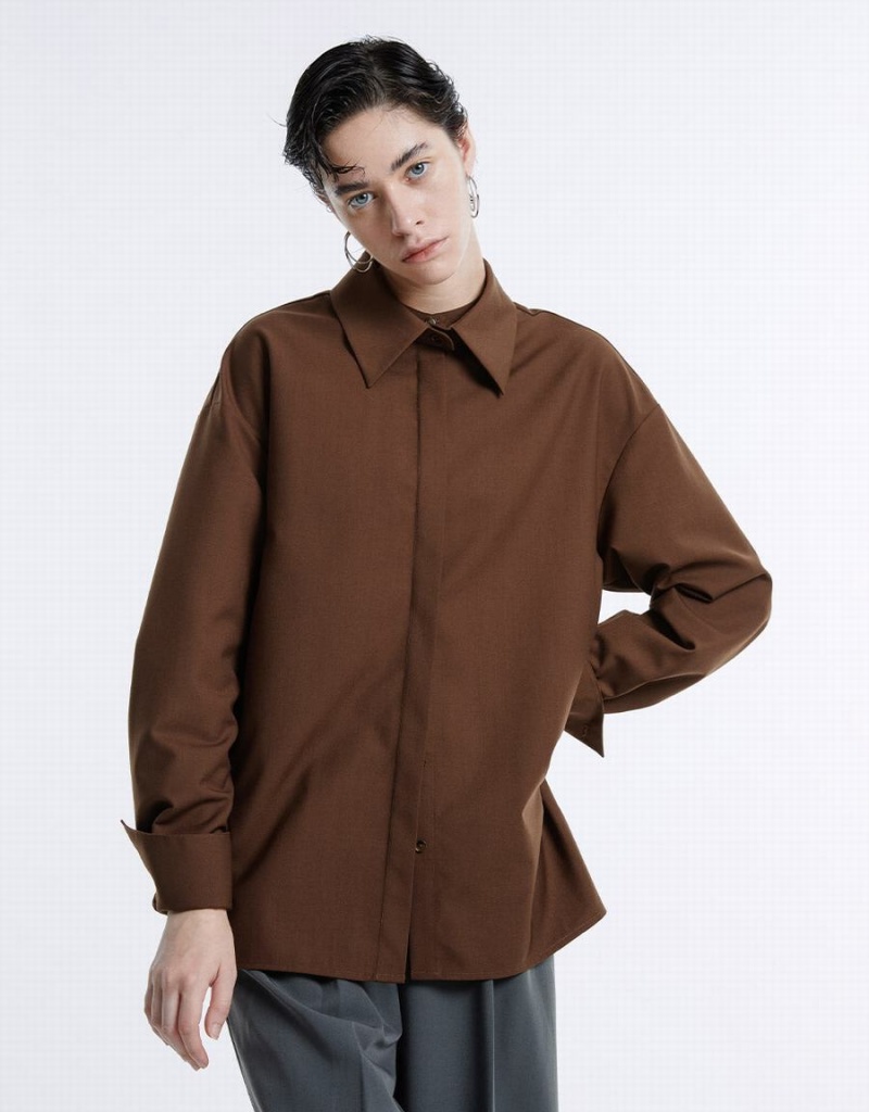 Brown Women's Urban Revivo Basic Button Up Shirts | WMO732UY