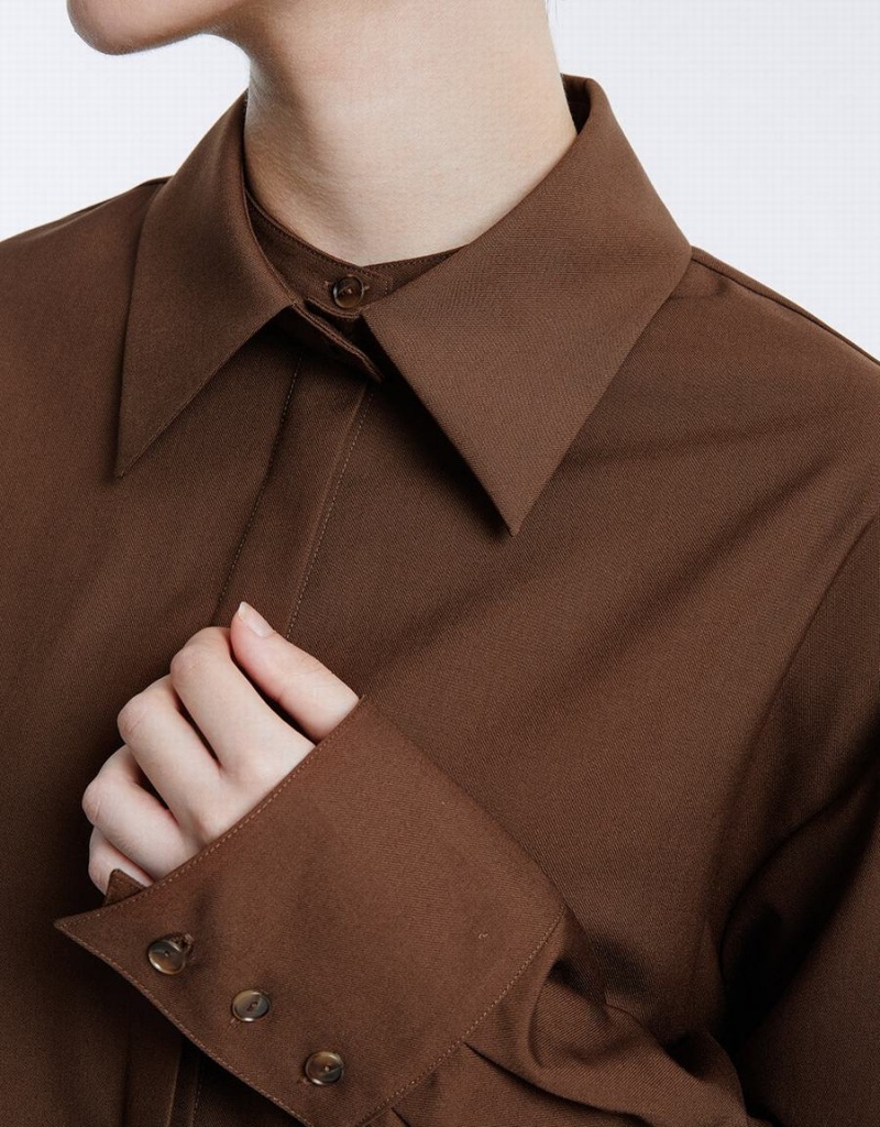 Brown Women's Urban Revivo Basic Button Up Shirts | WMO732UY