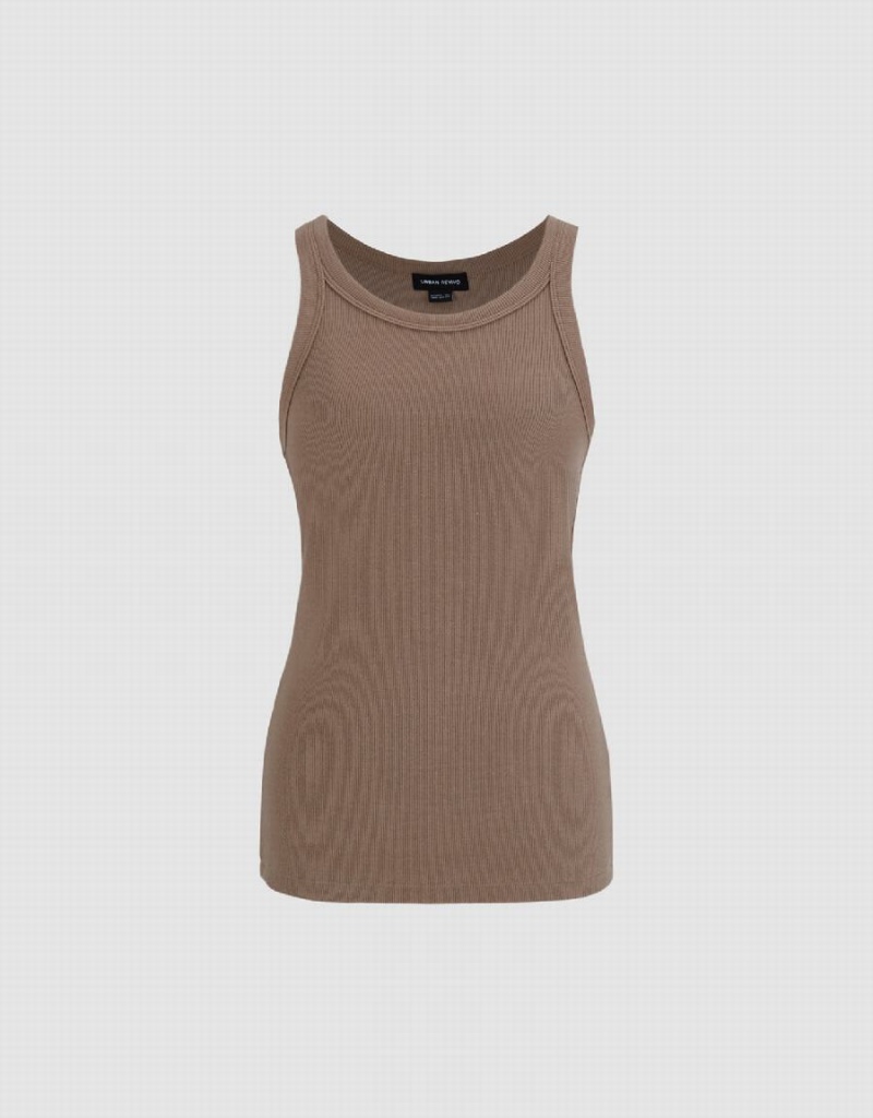 Brown Women's Urban Revivo Crew Neck Straight Tank Top | JWX377LI