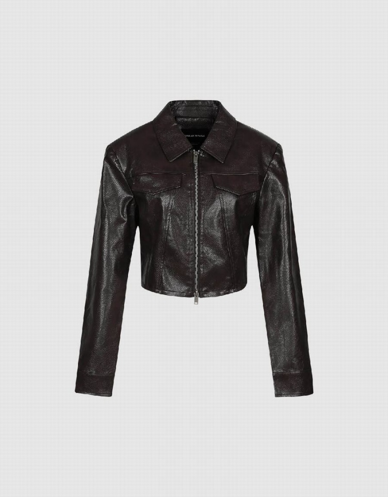 Brown Women's Urban Revivo Cropped Zipper Front Vegan Leather Jackets | QUL4874JD