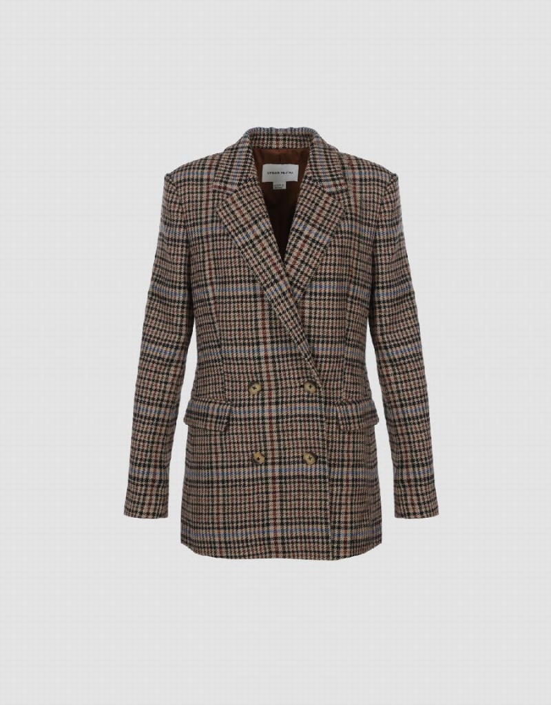 Brown Women's Urban Revivo Double Breasted Plaid Blazers | YGM8715QI