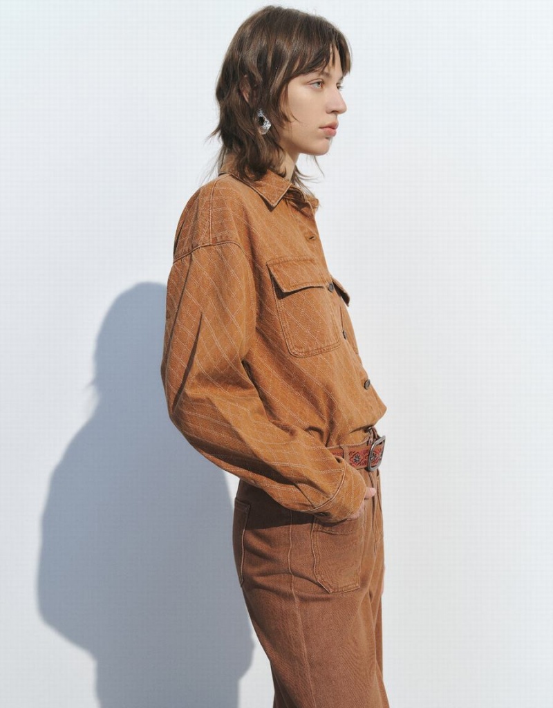 Brown Women's Urban Revivo Embossed Denim Shirts | EKQ7179EY