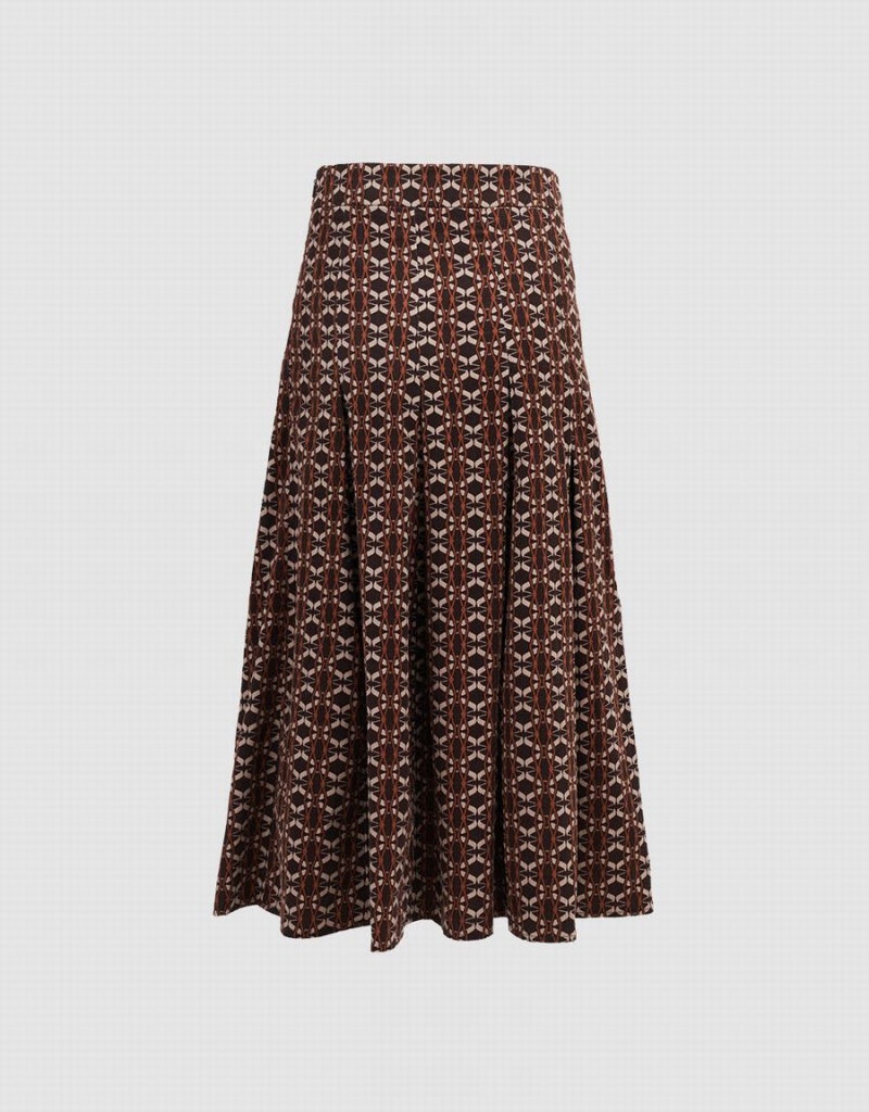 Brown Women's Urban Revivo Geometric Long Print Skirts | FCL3095QY