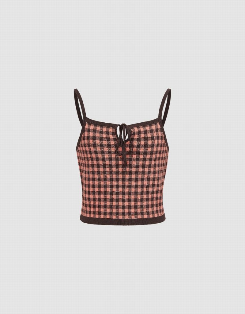 Brown Women's Urban Revivo Gingham Cami Top Cardigan | QUX1422YV