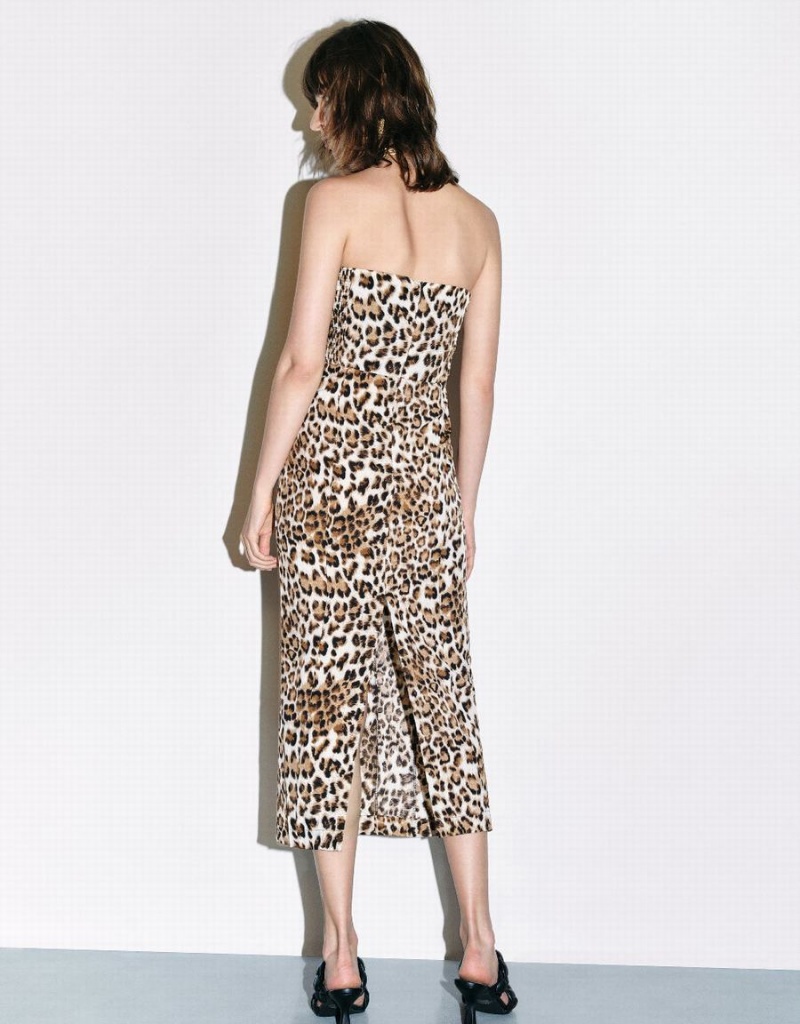 Brown Women's Urban Revivo Leopard Printed Sleeveless Skinny Dress | OPX5392IY