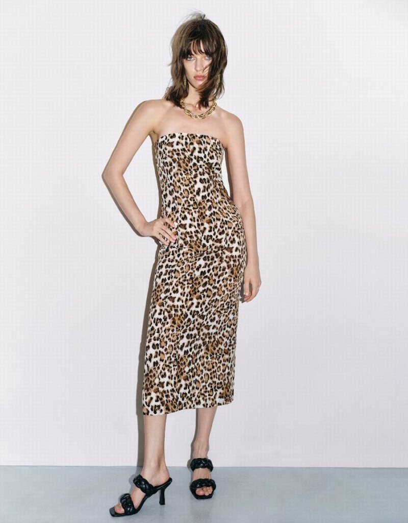 Brown Women\'s Urban Revivo Leopard Printed Sleeveless Skinny Dress | OPX5392IY