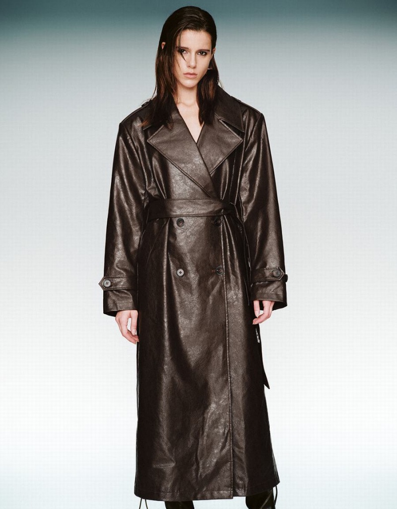 Brown Women's Urban Revivo Longline Vegan Leather Trench Trench Coat | UDS8689WP