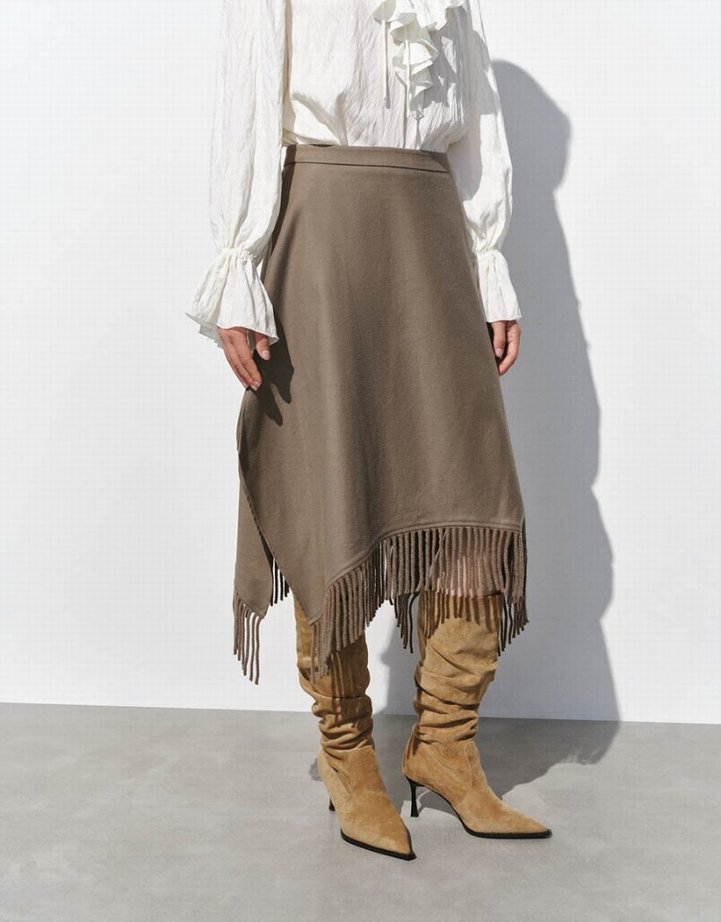 Brown Women's Urban Revivo Midi A-Line With Tassel Skirts | SVM8549PF