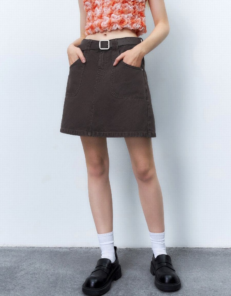 Brown Women's Urban Revivo Mini A-Line Denim With Belt Skirts | PDO8321GD