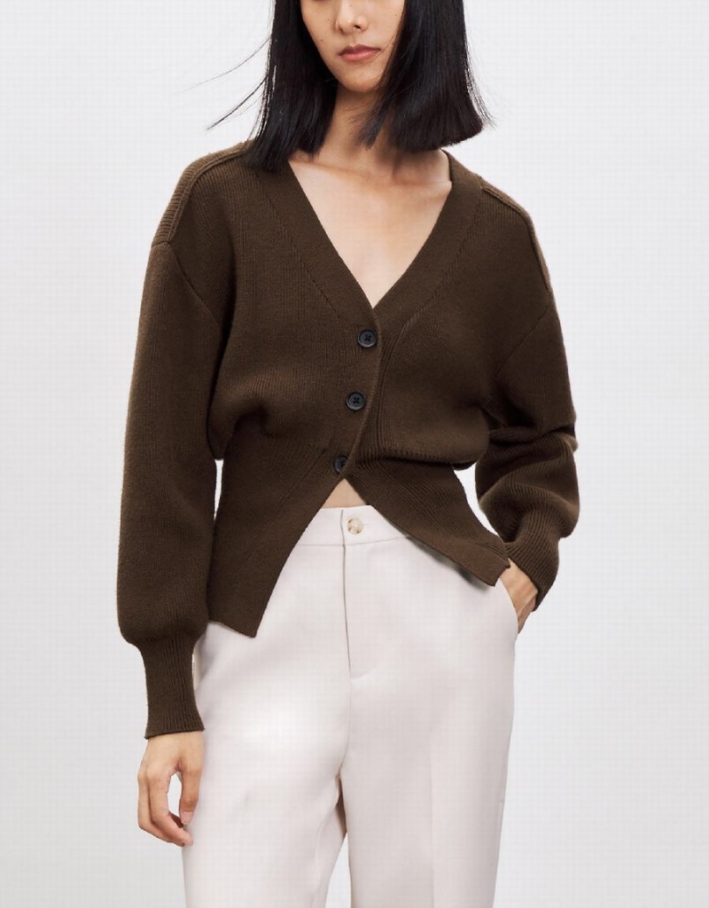 Brown Women's Urban Revivo Puff Sleeve V-Neck Knitted Cardigan | YCY6743AW