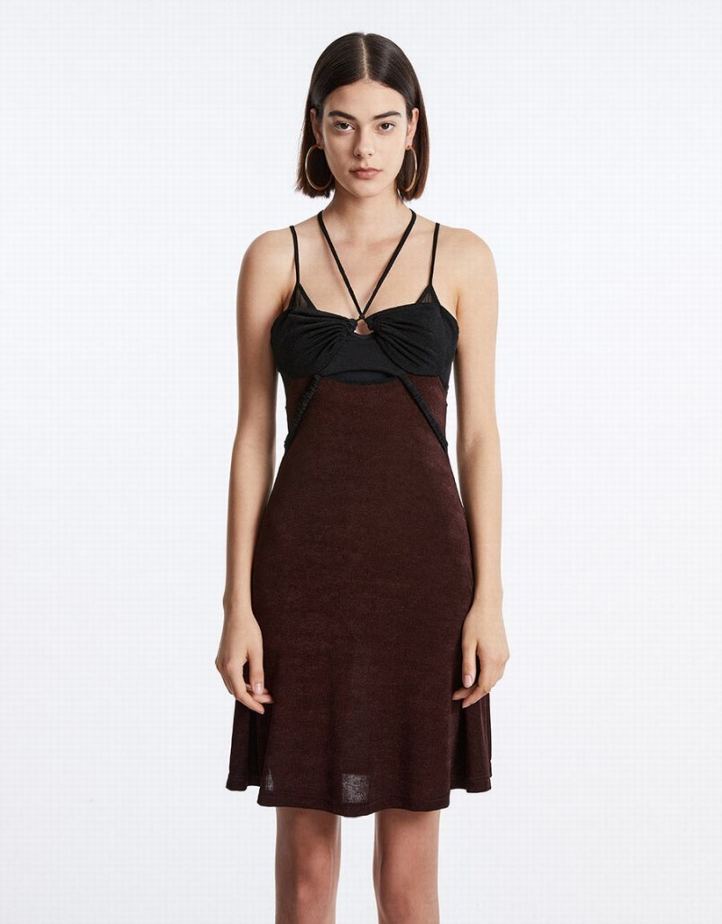 Brown Women's Urban Revivo Spliced Sheer Mesh Cami Dress | CVD28100KG