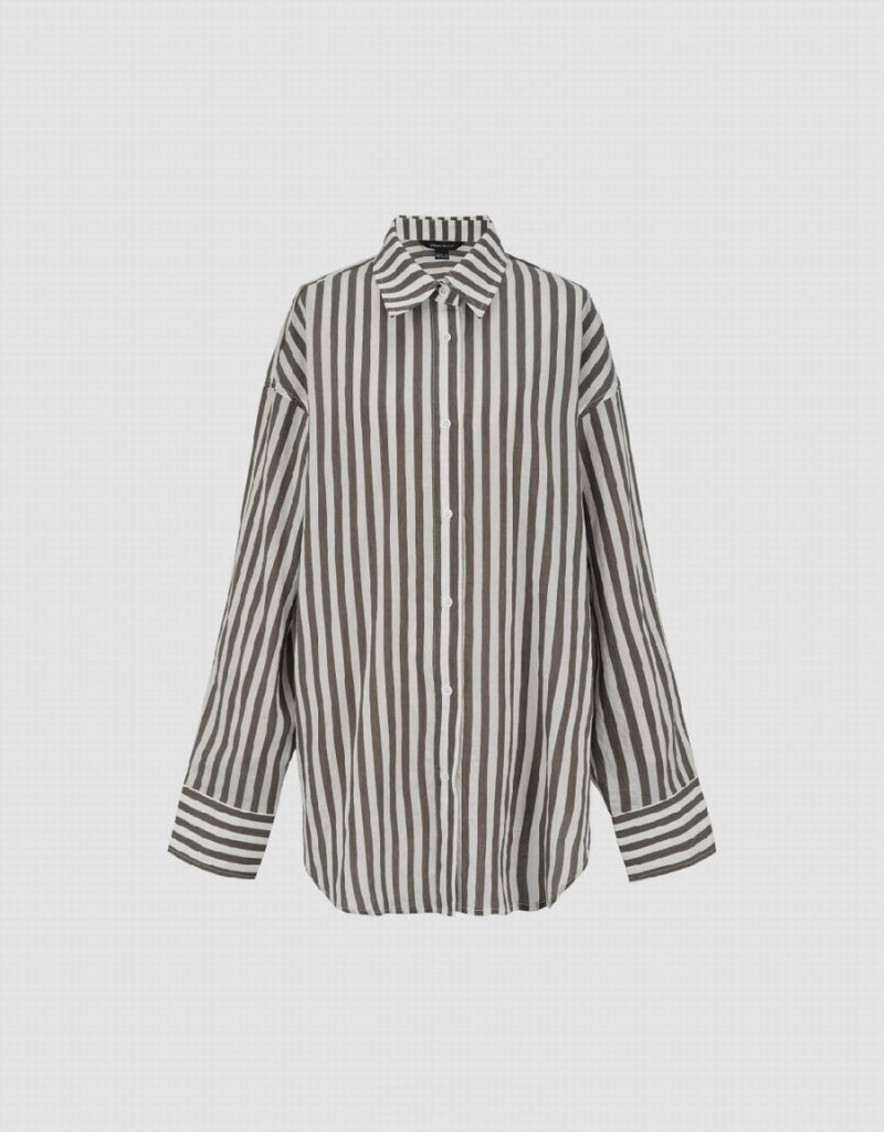 Brown Women's Urban Revivo Striped Button Up Straight Shirts | IYV2059KK