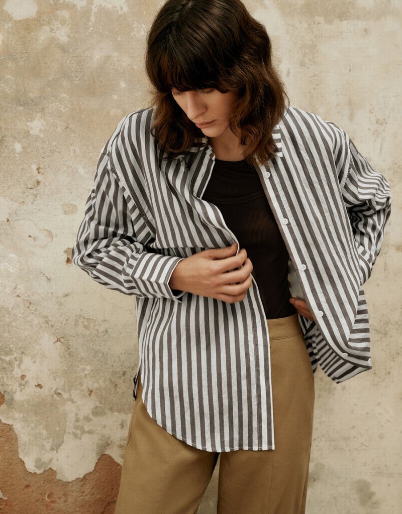 Brown Women's Urban Revivo Striped Button Up Straight Shirts | IYV2059KK