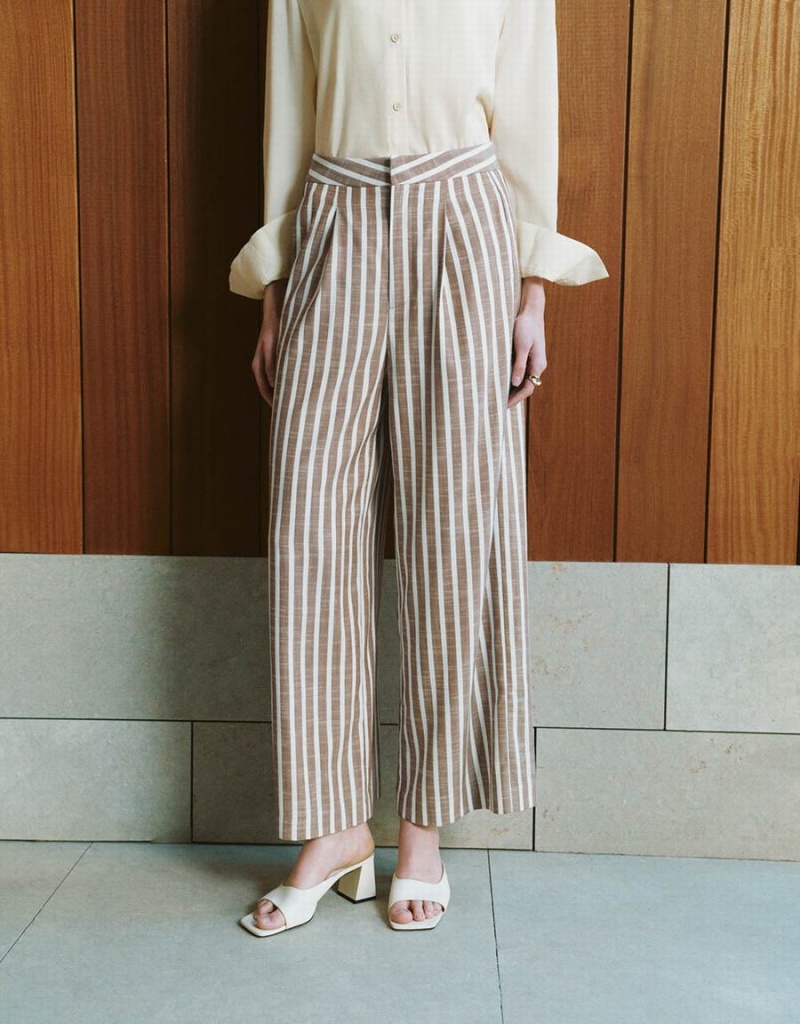 Brown Women's Urban Revivo Striped Wide-Leg Pants | MEM4490QJ