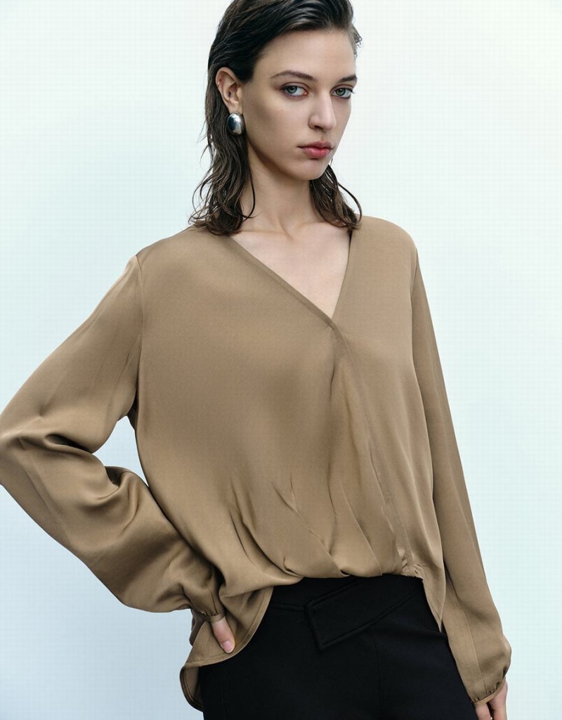 Brown Women's Urban Revivo Surplice Front V-Neck Overhead Blouse | NFT4590ZV