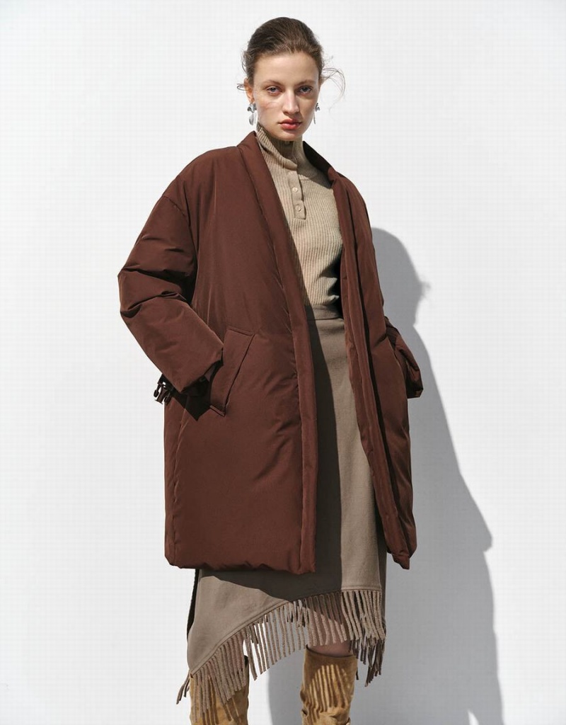 Brown Women's Urban Revivo V-Neck Straight Coats | CJW167LE