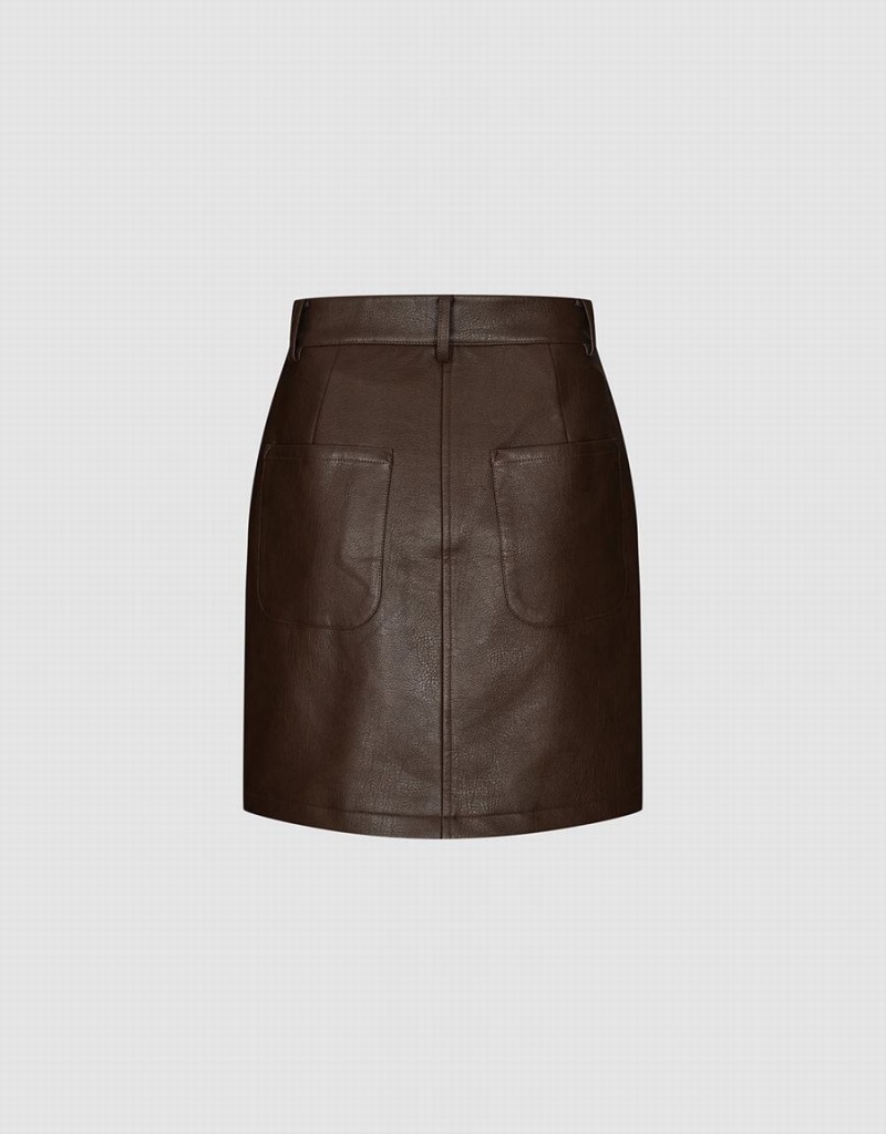 Brown Women's Urban Revivo Vegan Leather Mini A-Line Skirts | RJP8092VT