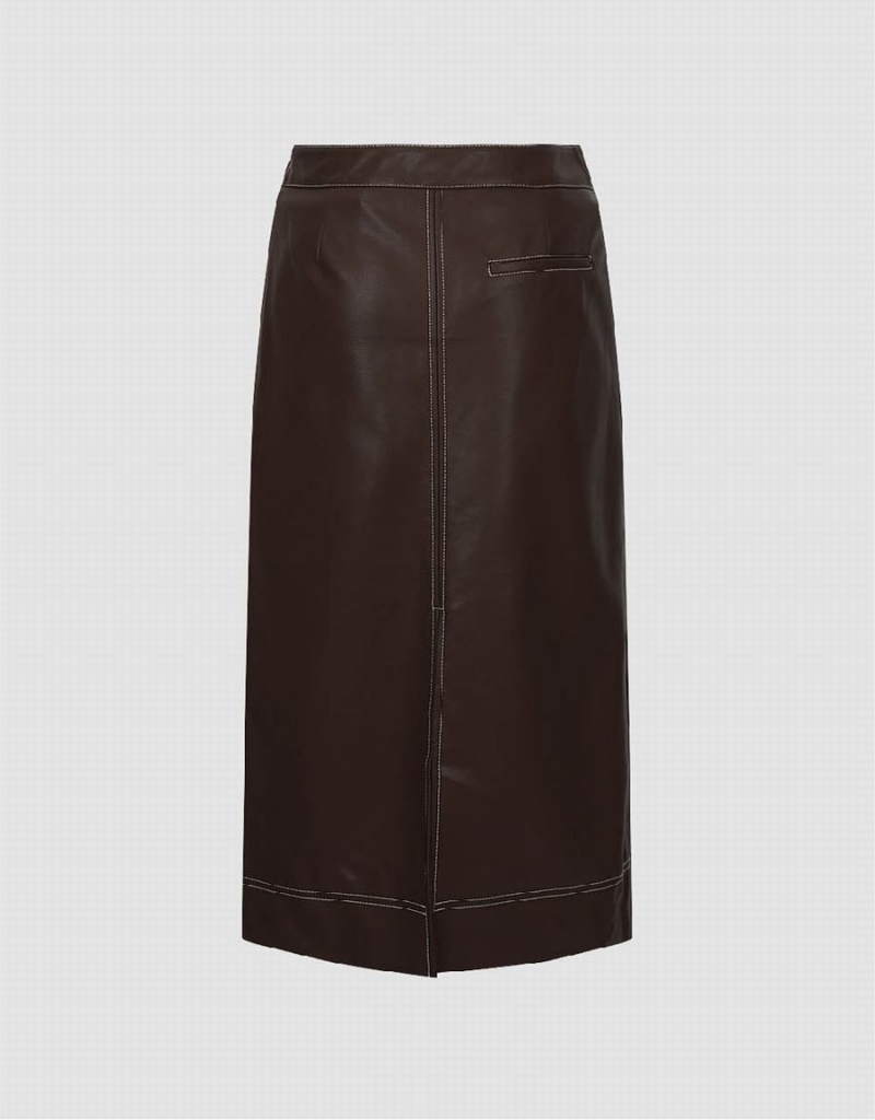 Brown Women's Urban Revivo Vegan Leather Midi Straight Skirts | SRS369SR