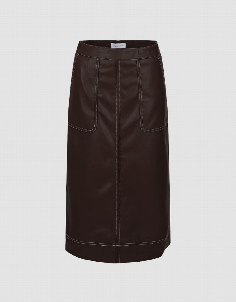 Brown Women\'s Urban Revivo Vegan Leather Midi Straight Skirts | SRS369SR