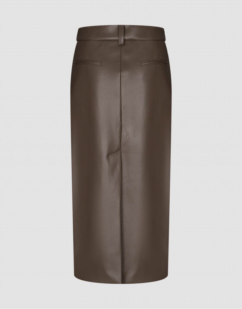 Brown Women's Urban Revivo Vegan Leather Midi Straight Skirts | CDA8868KM