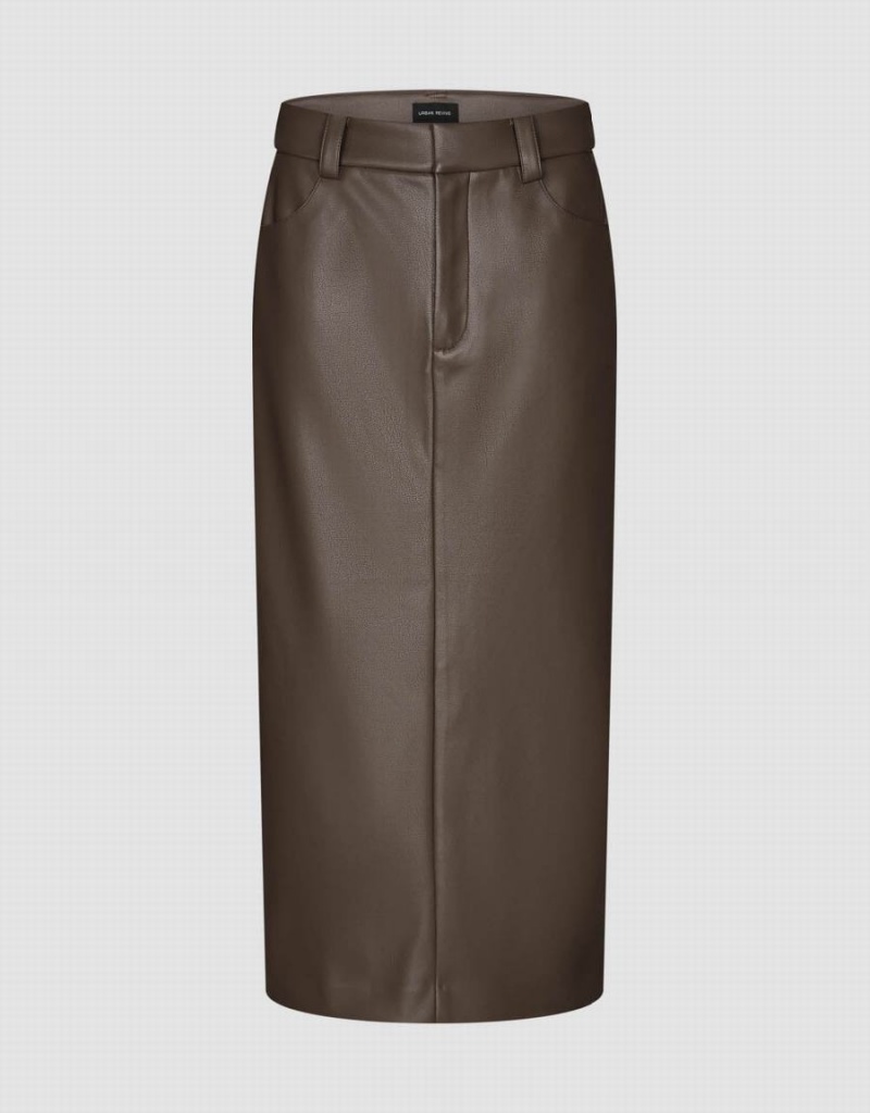 Brown Women\'s Urban Revivo Vegan Leather Midi Straight Skirts | CDA8868KM