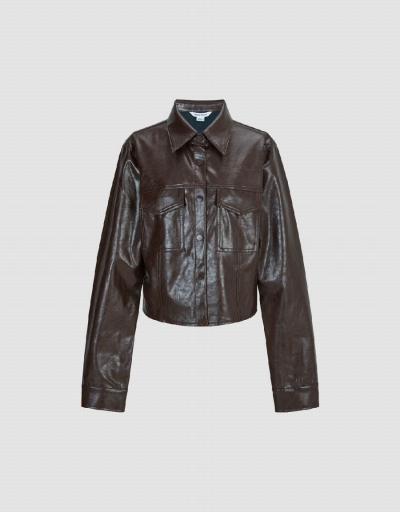 Brown Women's Urban Revivo Vegan Leather Straight Shirts | HMM2491GQ