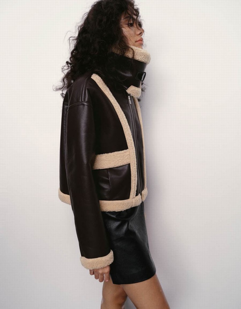 Brown Women's Urban Revivo Vegan With Furry Collar Leather Jackets | WOD727OX