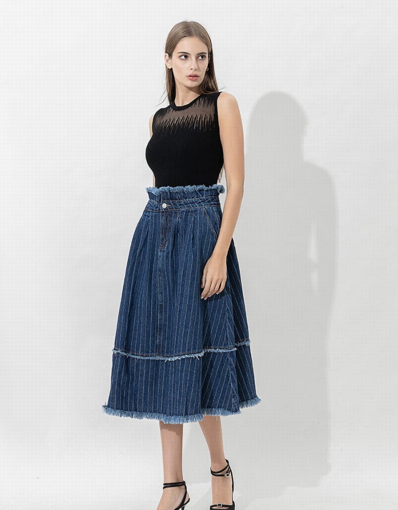 Dark Blue Women's Urban Revivo Striped Raw Hem Midi A-Line Denim Skirts | QWZ7146ZP