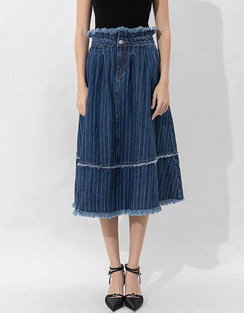 Dark Blue Women's Urban Revivo Striped Raw Hem Midi A-Line Denim Skirts | QWZ7146ZP