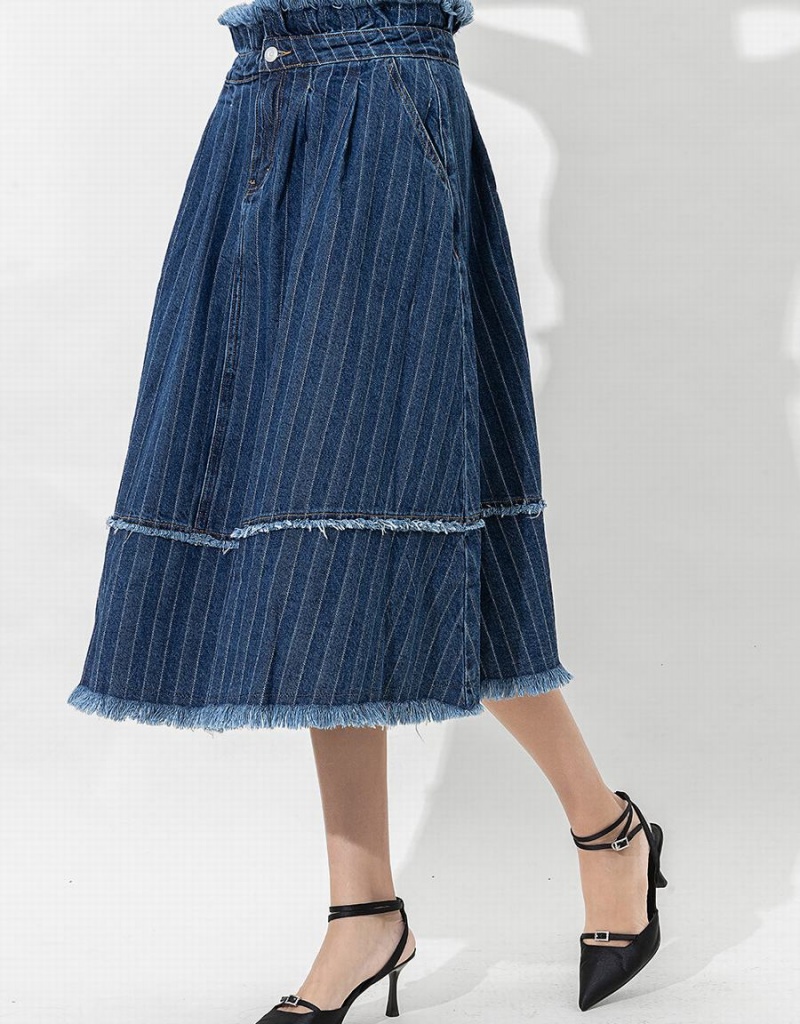 Dark Blue Women's Urban Revivo Striped Raw Hem Midi A-Line Denim Skirts | QWZ7146ZP