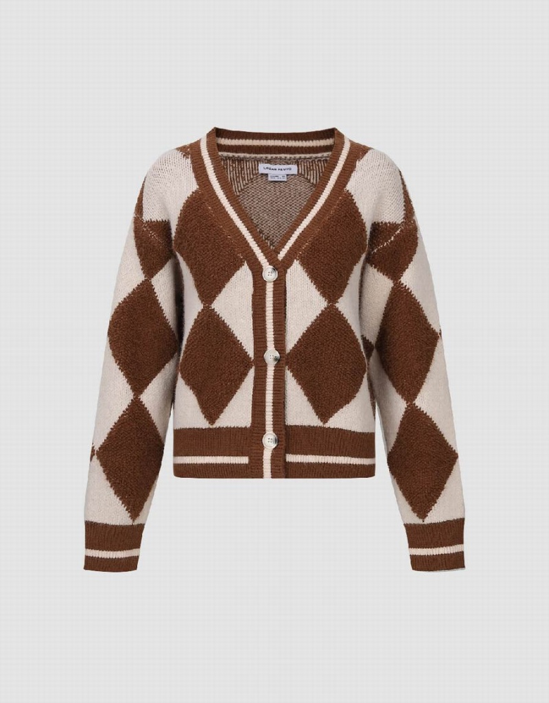 Dark Brown Women's Urban Revivo Argyle Pattern V-Neck Knitted Cardigan | DOA7184GD