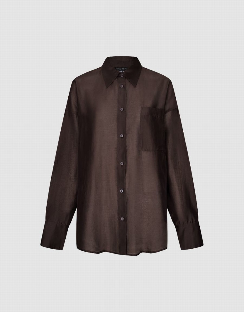 Dark Brown Women's Urban Revivo Button Up Straight Shirts | QBF9460SP