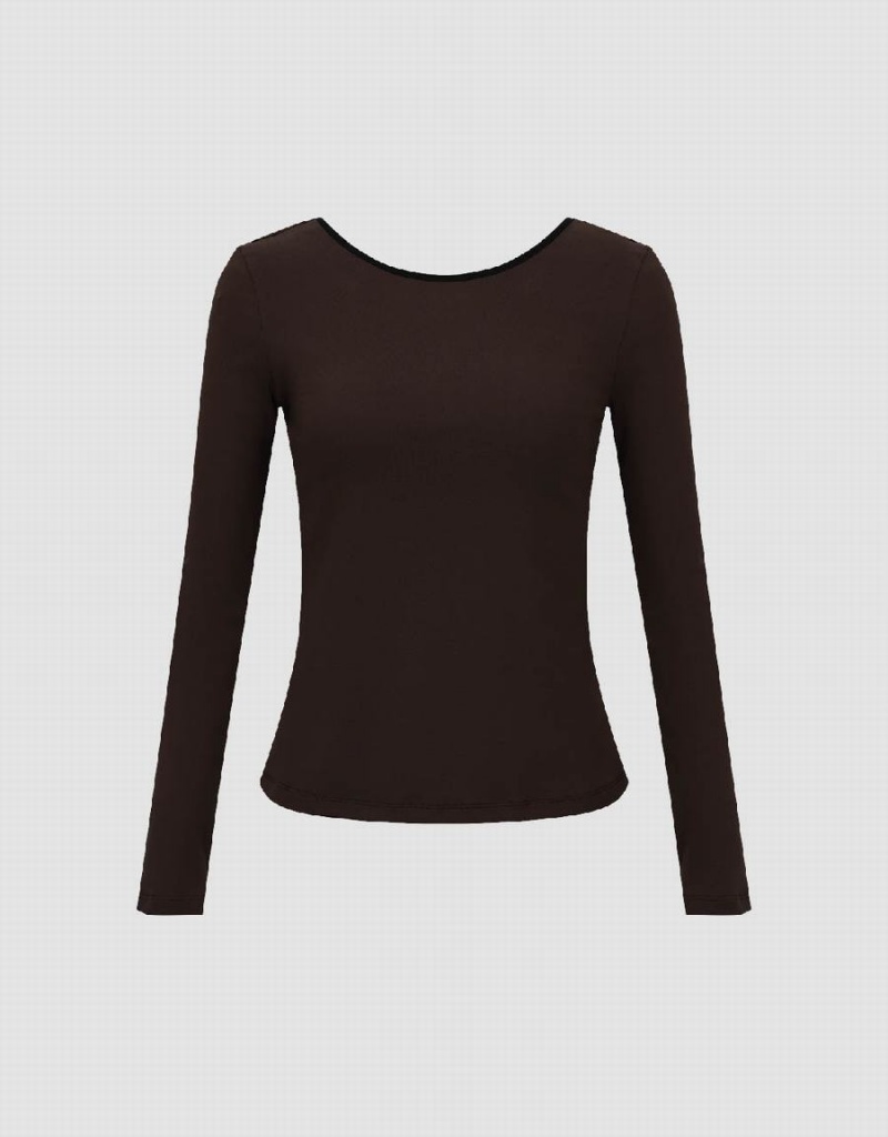 Dark Brown Women's Urban Revivo Crew Neck Skinny Knitted T Shirts | RIH9639PE