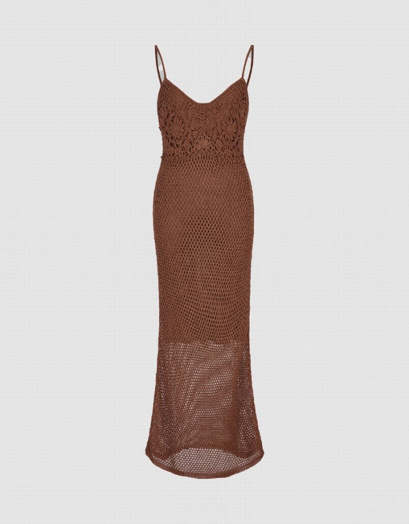 Dark Brown Women's Urban Revivo Sleeveless Pointelle Knitted Dress | XYK5832PQ