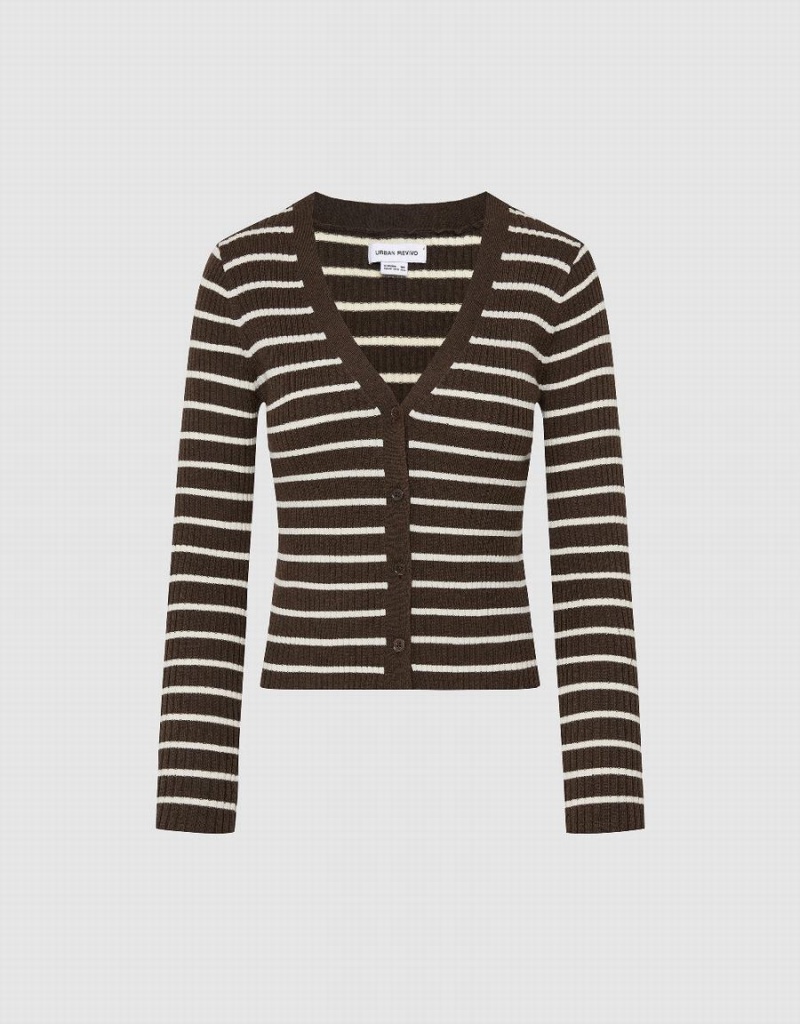 Dark Brown Women's Urban Revivo Striped V-Neck Knitted Cardigan | KAV889AX