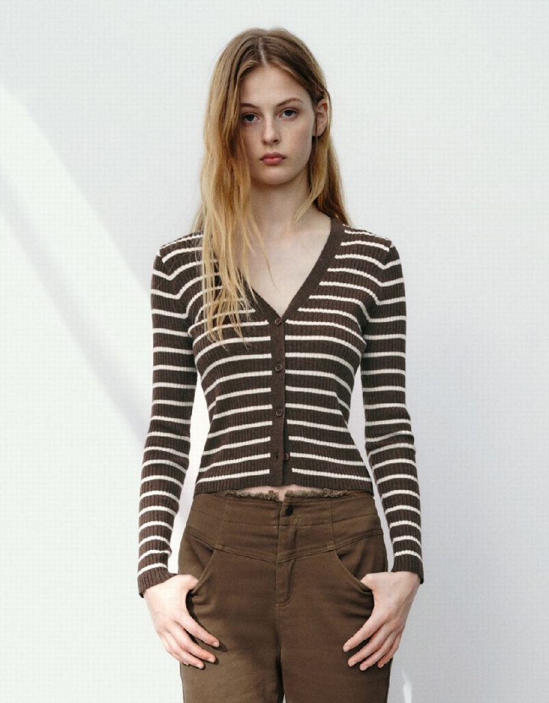 Dark Brown Women\'s Urban Revivo Striped V-Neck Knitted Cardigan | KAV889AX