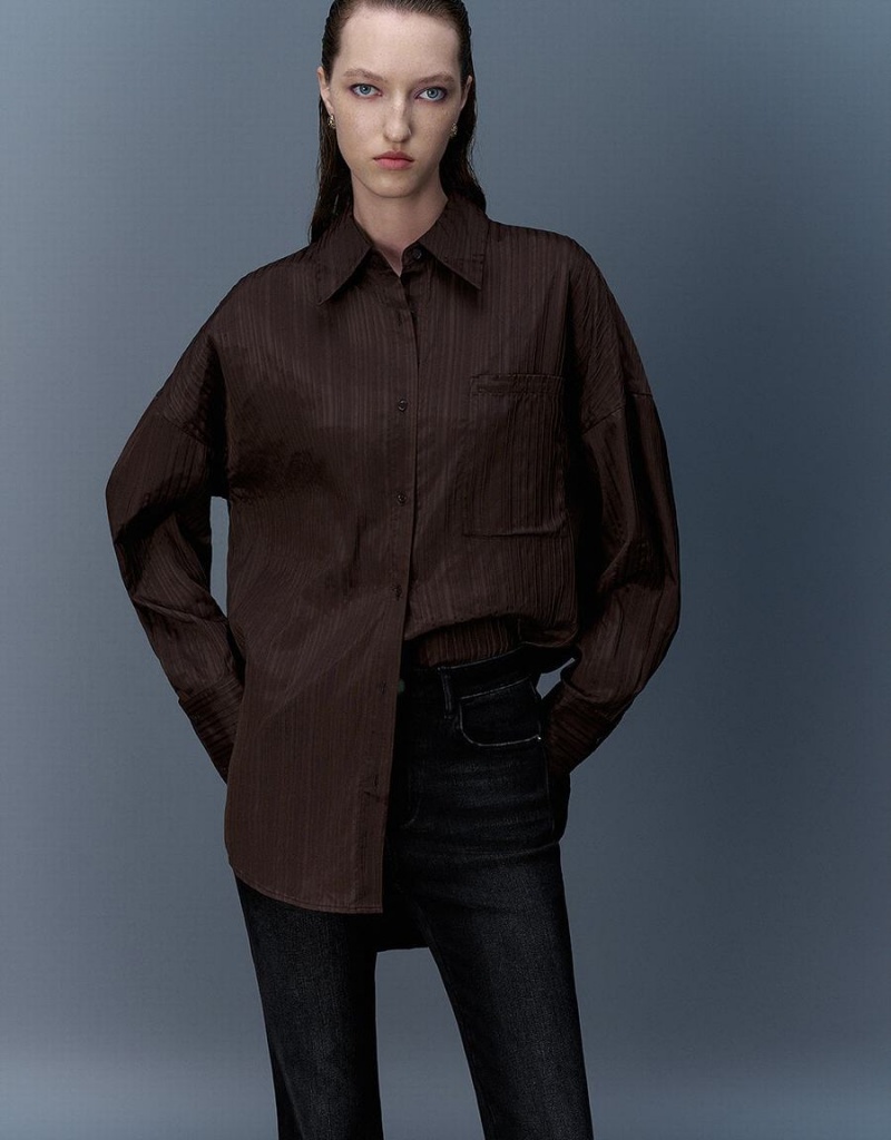 Dark Brown Women's Urban Revivo Textured Button Up Oversized Shirts | DCG655CW