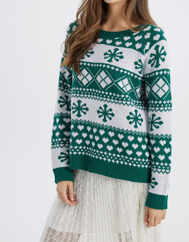 Dark Green Women's Urban Revivo Christmas Snowflake Crew Neck Holiday Sweaters | BMT9567GM