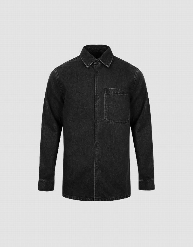 Dark Grey Men's Urban Revivo Button Up Denim Shirts | YDX8185JL