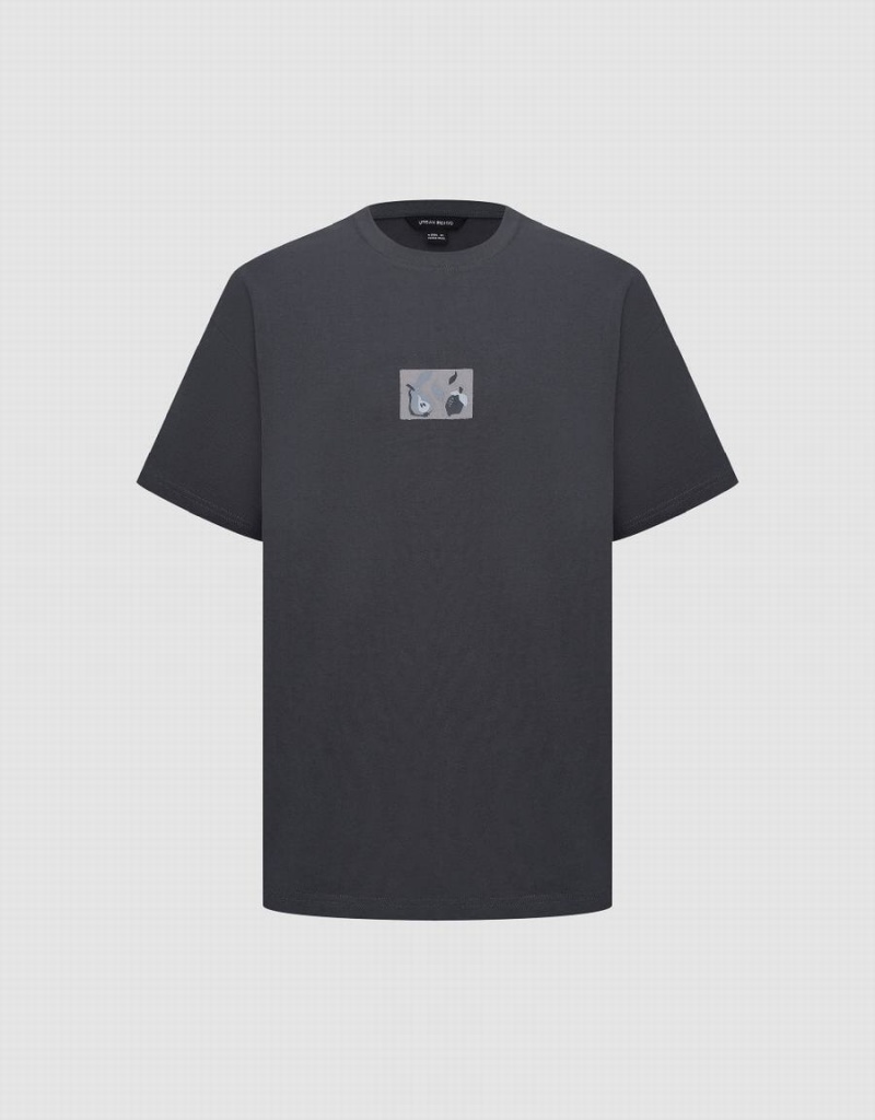 Dark Grey Men's Urban Revivo Printed Crew Neck T Shirts | XKS9560ZK